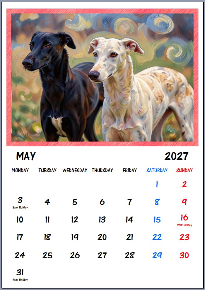 Greyhound Whippets 2027 Art Wall Hanging Calendar A4 Each Month Size - Image 3