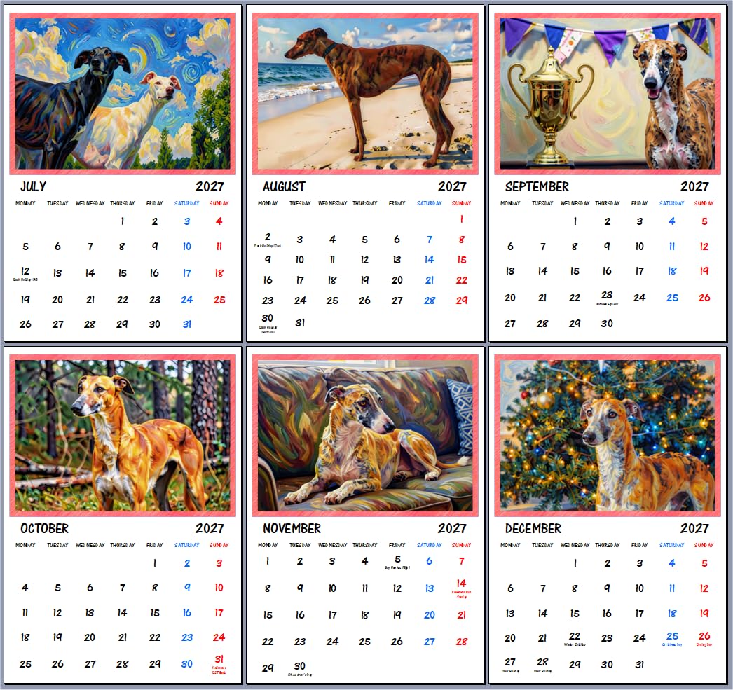 Greyhound Whippets 2027 Art Wall Hanging Calendar A4 Each Month Size - Image 2
