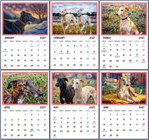 Greyhound Whippets 2027 Art Wall Hanging Calendar A4 Each Month Size